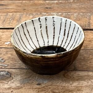 Art Studio Pottery Bowl 3.7" Striped Brown & White Glazed
